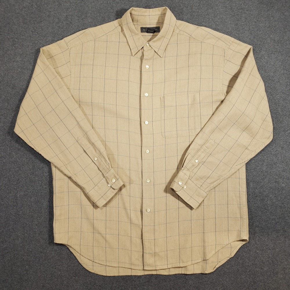 Banana‎ Republic Vintage Button Up Shirt Men's XL Tan Wool Rayon Cotton Check